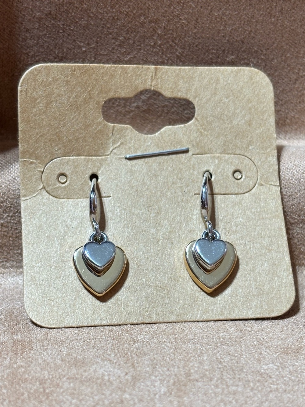 Silver and Gold Tone Double Heart Dangle Earrings